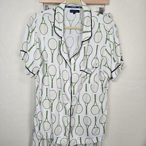 Katie Kime White and Green Tennis Time Print Cotton/Modal Pajama Set Large